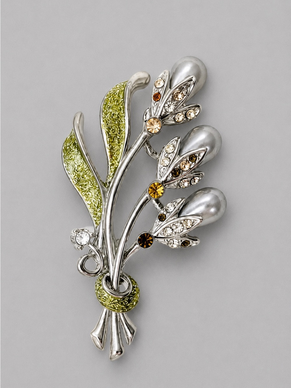 Floral Spray Brooch Gray Faux Pearl Rhinestone Enamel Statement Pin